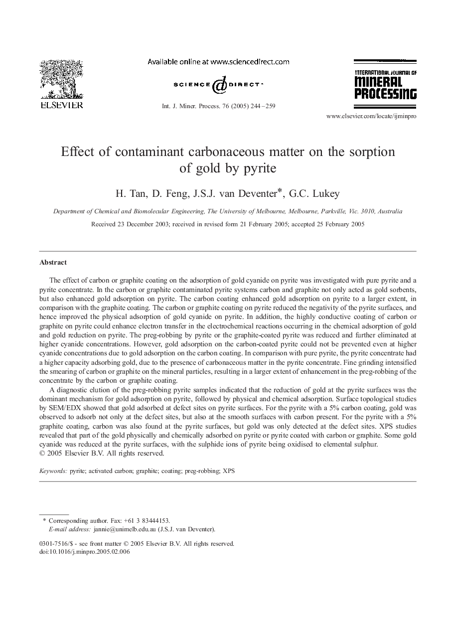 Effect of contaminant carbonaceous matter on the sorption of gold by pyrite