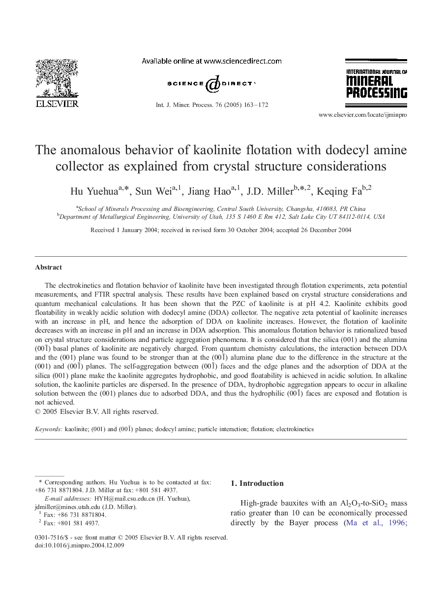 The anomalous behavior of kaolinite flotation with dodecyl amine collector as explained from crystal structure considerations