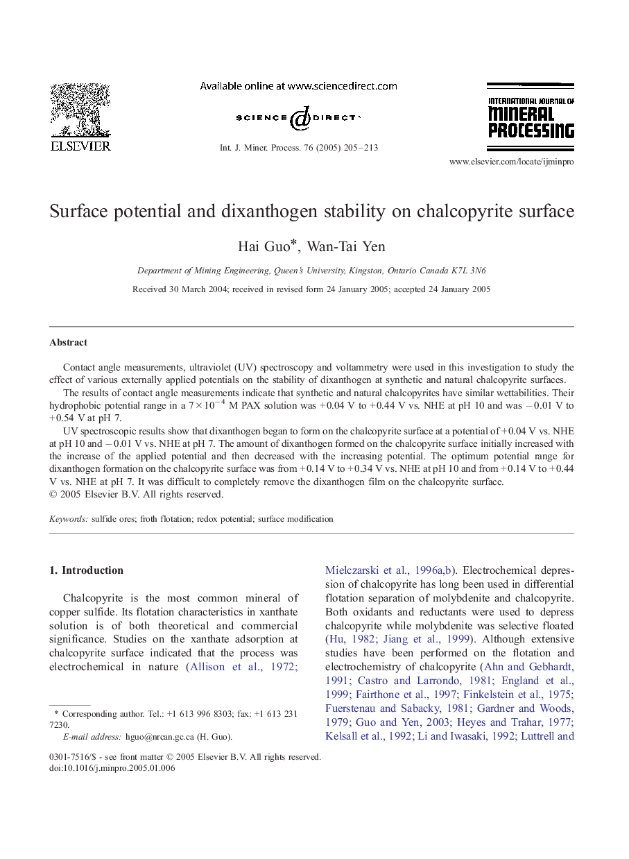 Surface potential and dixanthogen stability on chalcopyrite surface