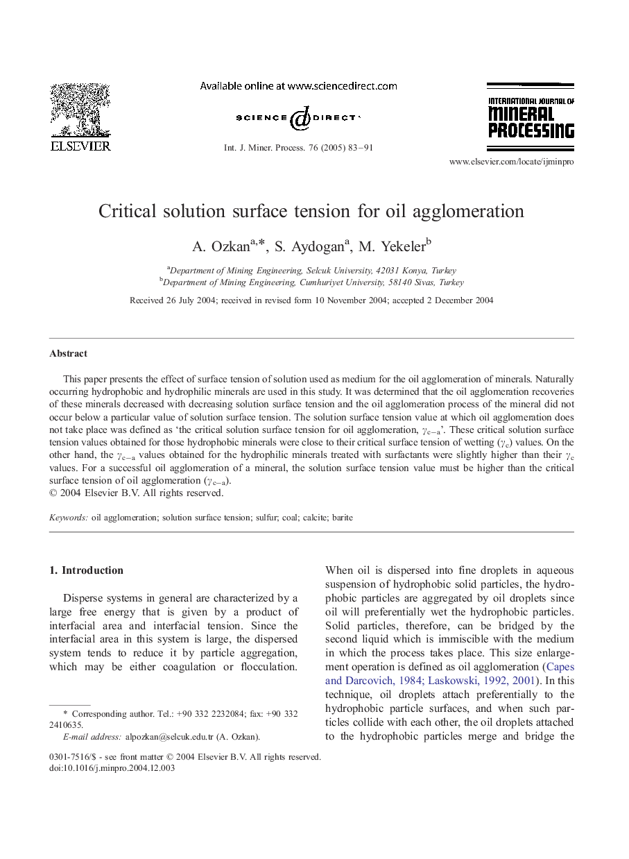 Critical solution surface tension for oil agglomeration