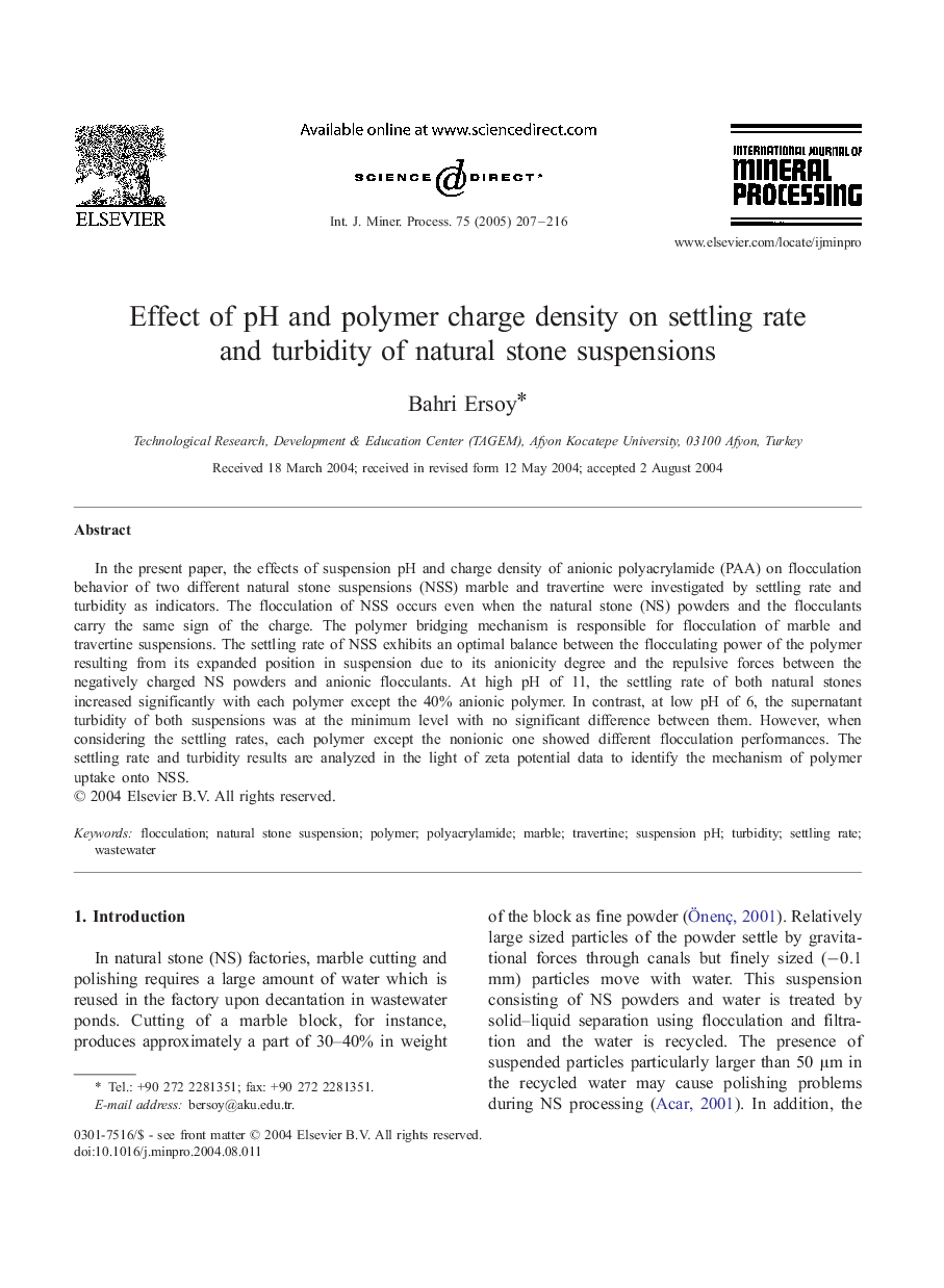 Effect of pH and polymer charge density on settling rate and turbidity of natural stone suspensions