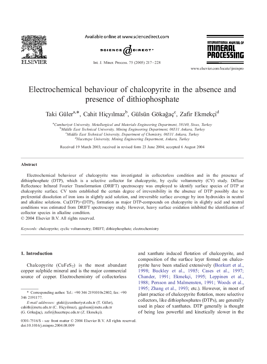 Electrochemical behaviour of chalcopyrite in the absence and presence of dithiophosphate