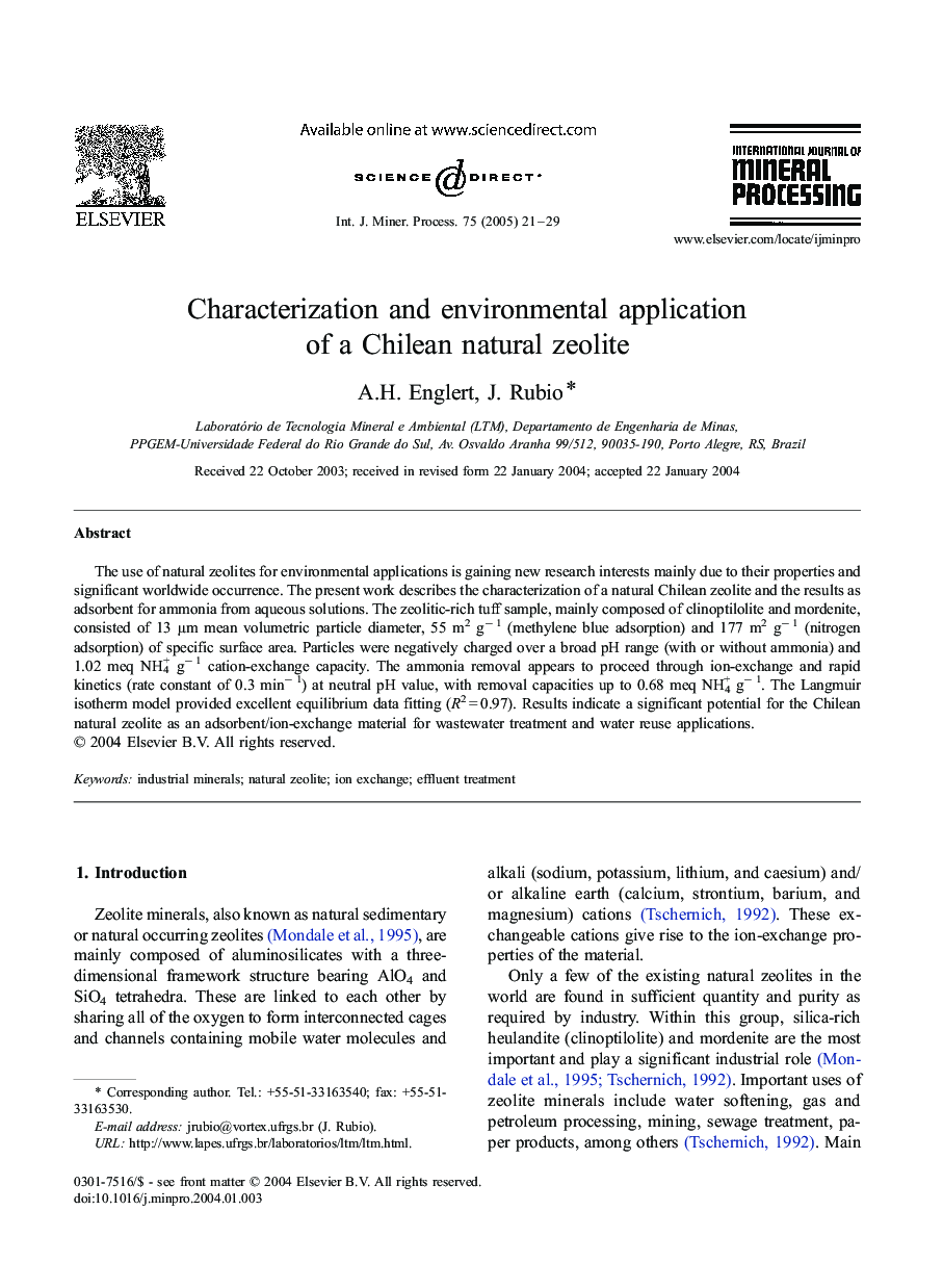 Characterization and environmental application of a Chilean natural zeolite