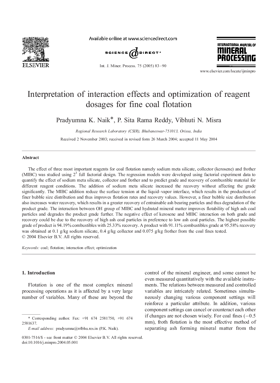 Interpretation of interaction effects and optimization of reagent dosages for fine coal flotation