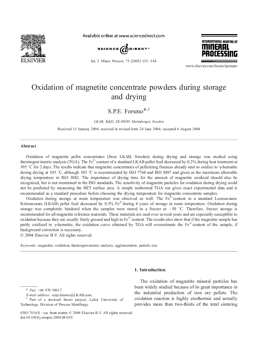 Oxidation of magnetite concentrate powders during storage and drying