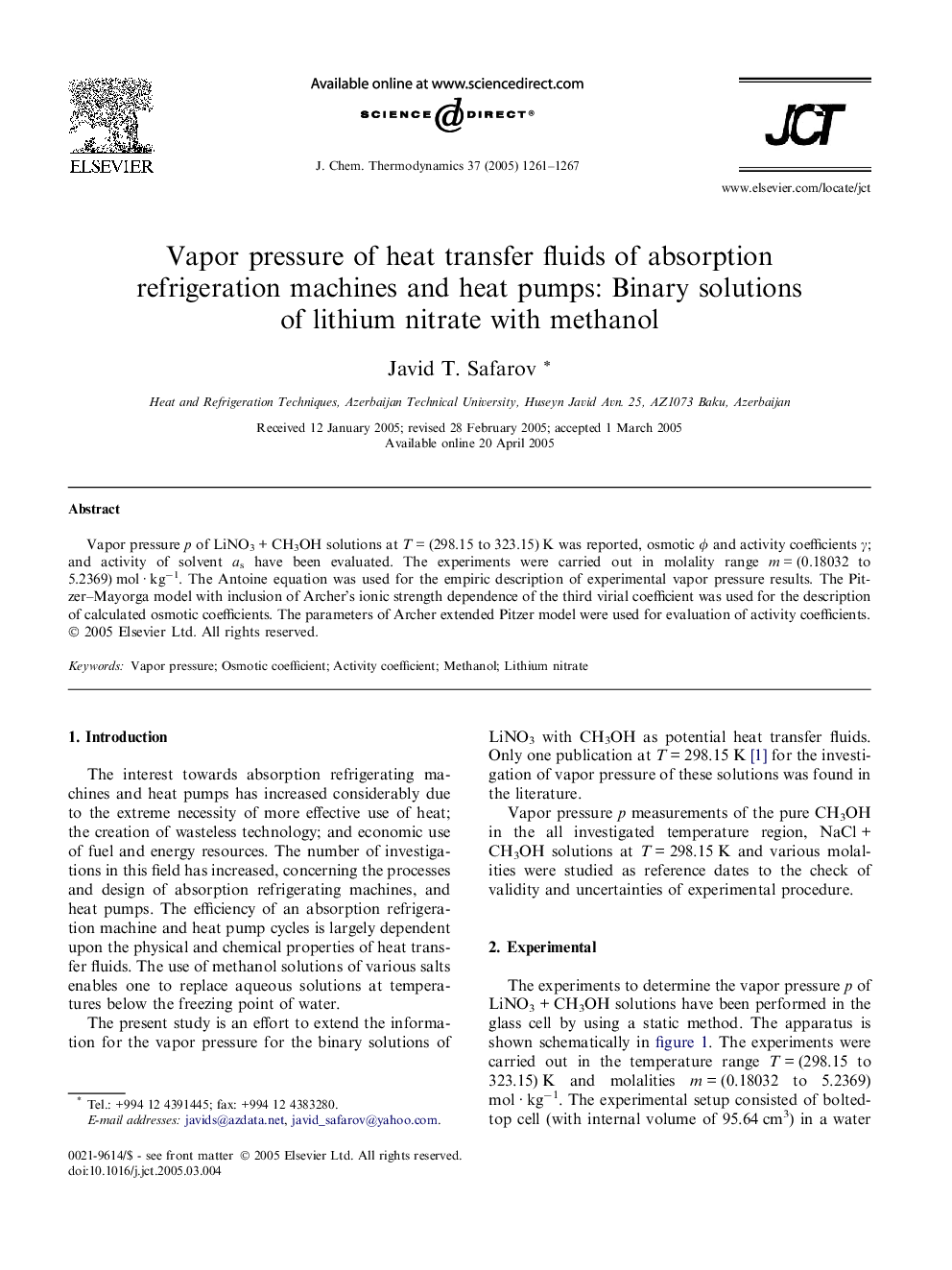 Vapor pressure of heat transfer fluids of absorption refrigeration machines and heat pumps: Binary solutions of lithium nitrate with methanol