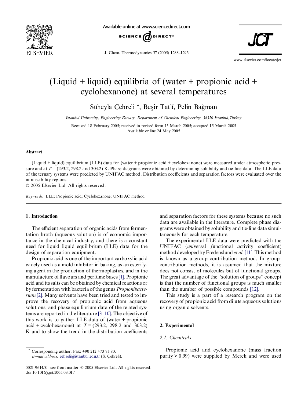 (LiquidÂ +Â liquid) equilibria of (waterÂ +Â propionic acidÂ +Â cyclohexanone) at several temperatures