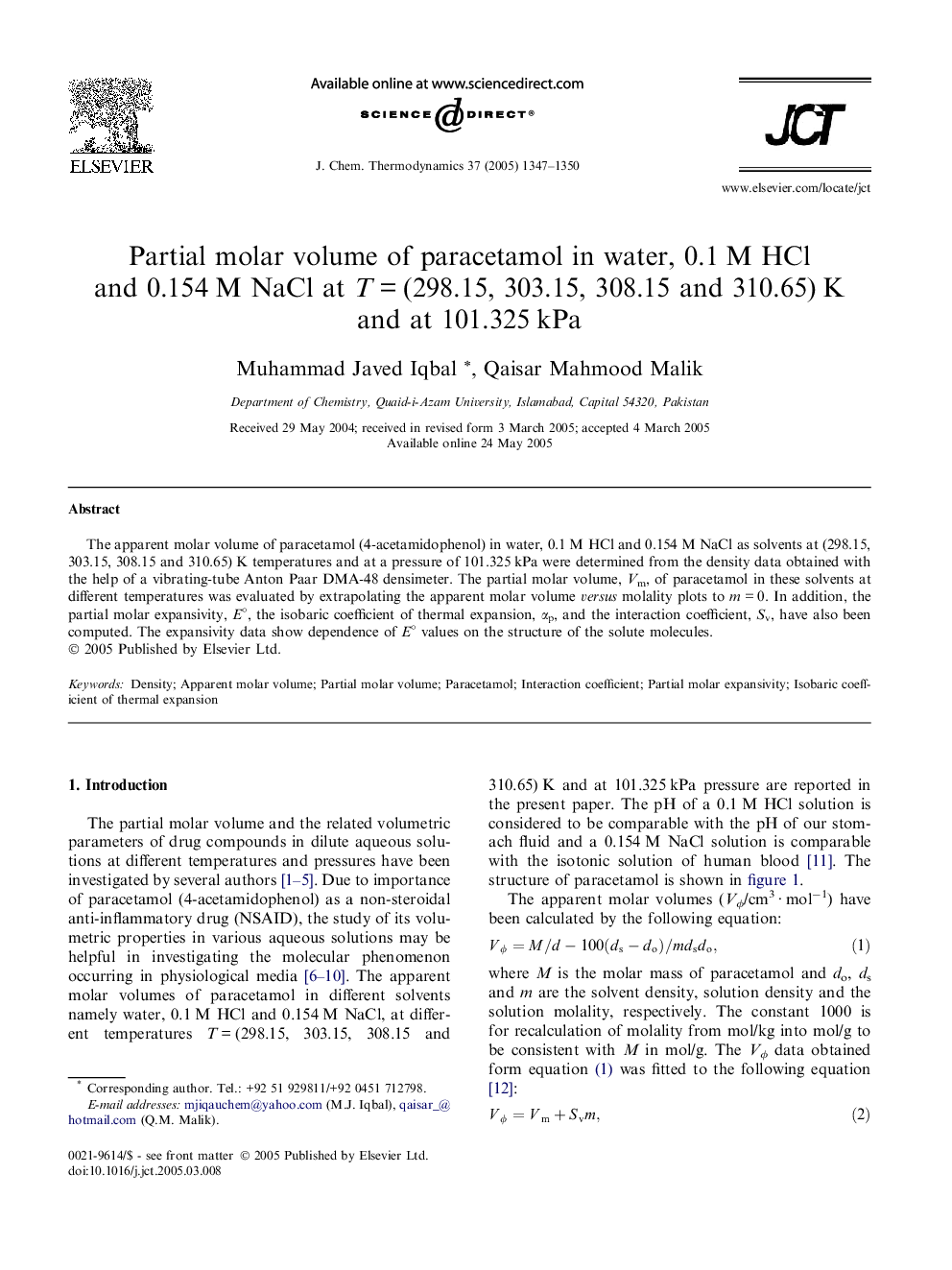 Partial molar volume of paracetamol in water, 0.1Â M HCl and 0.154Â M NaCl at TÂ =Â (298.15, 303.15, 308.15 and 310.65)Â K and at 101.325Â kPa