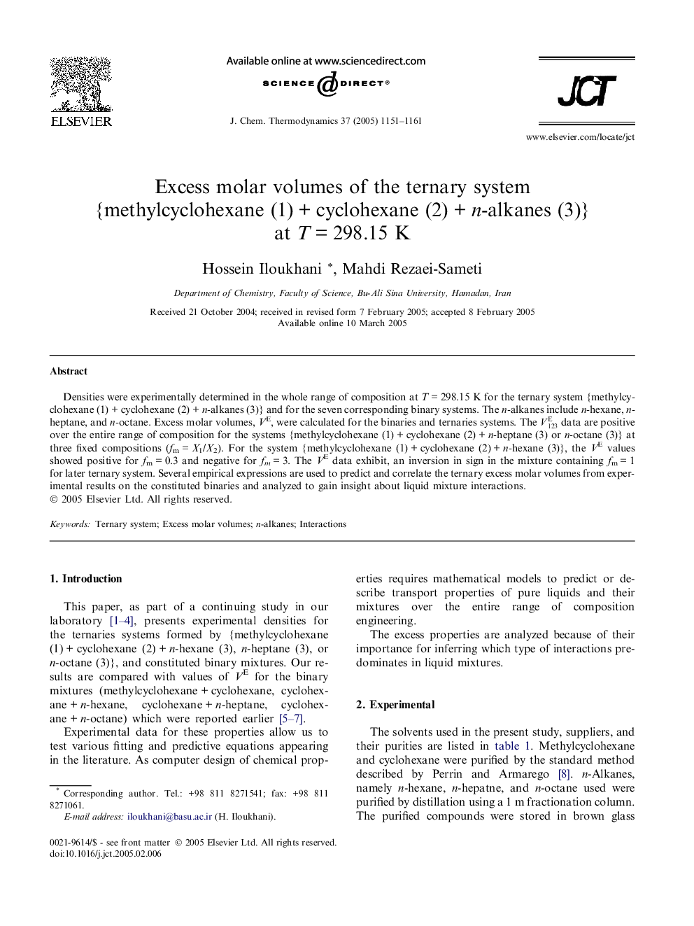 Excess molar volumes of the ternary system {methylcyclohexane (1)Â +Â cyclohexane (2)Â +Â n-alkanes (3)} at TÂ =Â 298.15 K