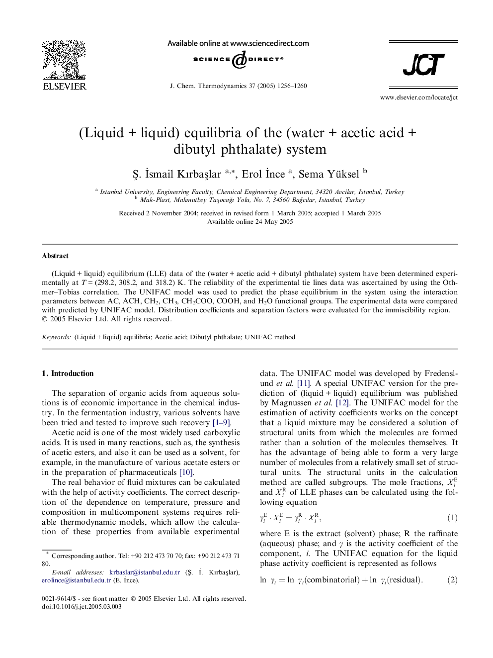 (LiquidÂ +Â liquid) equilibria of the (waterÂ +Â acetic acidÂ +Â dibutyl phthalate) system