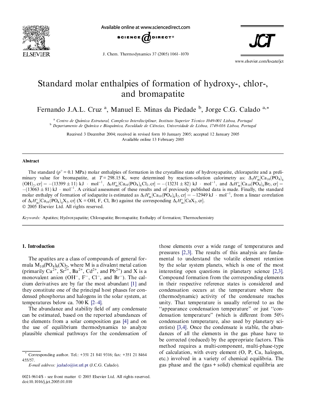 Standard molar enthalpies of formation of hydroxy-, chlor-, and bromapatite