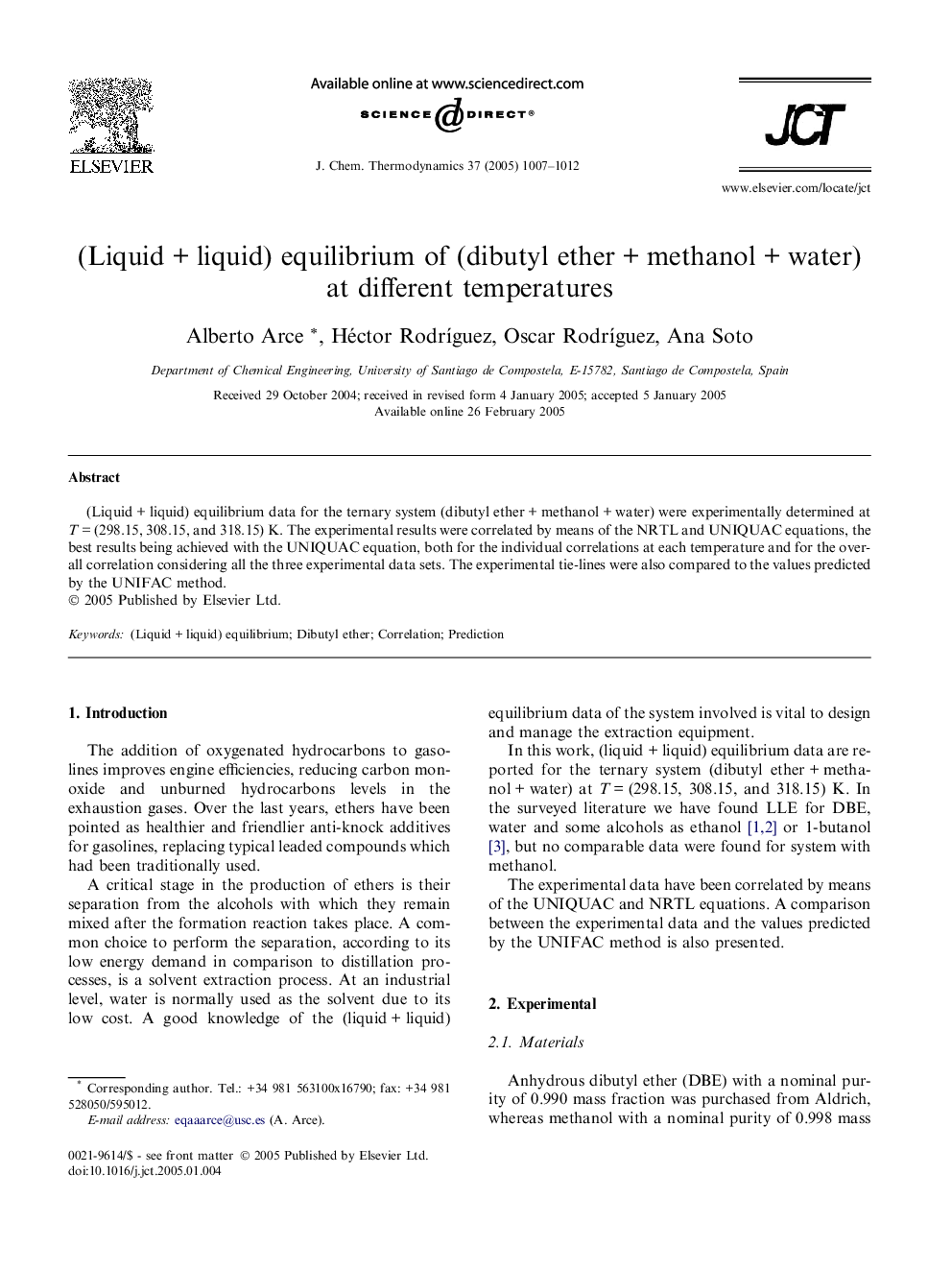 (LiquidÂ +Â liquid) equilibrium of (dibutyl etherÂ +Â methanolÂ +Â water) at different temperatures