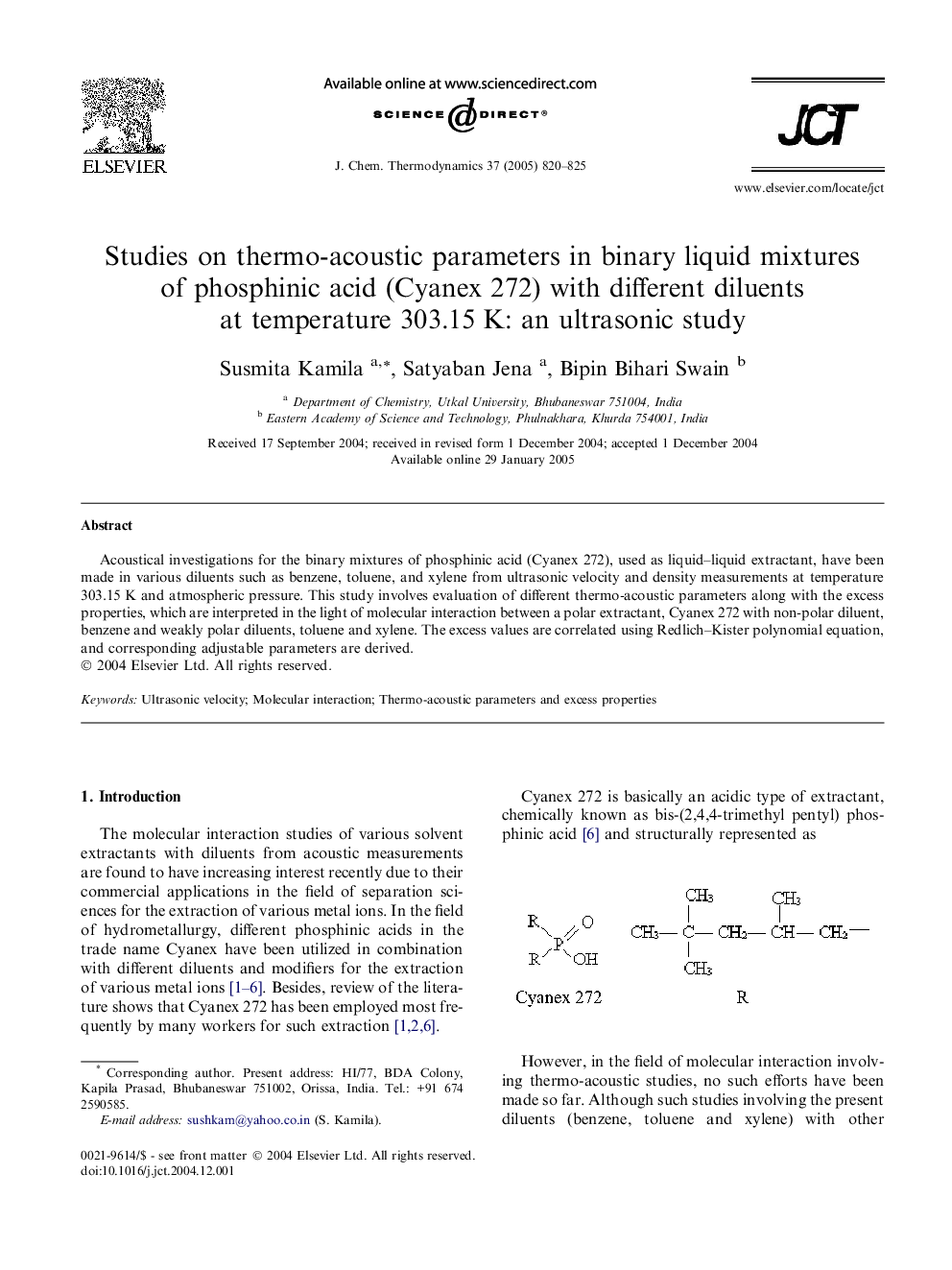 Studies on thermo-acoustic parameters in binary liquid mixtures of phosphinic acid (Cyanex 272) with different diluents at temperature 303.15Â K: an ultrasonic study