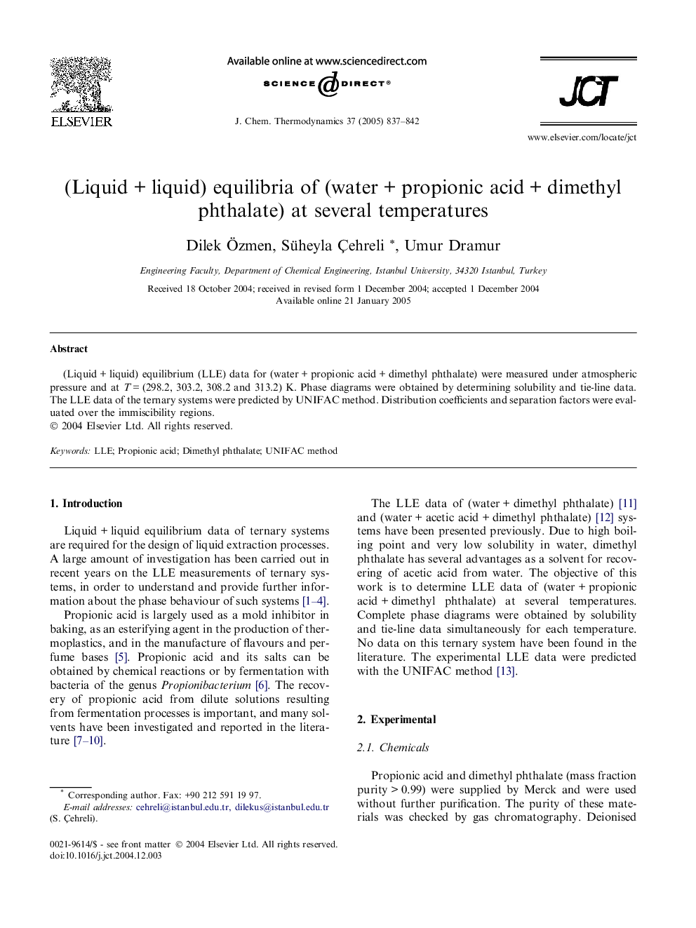 (LiquidÂ +Â liquid) equilibria of (waterÂ +Â propionic acidÂ +Â dimethyl phthalate) at several temperatures