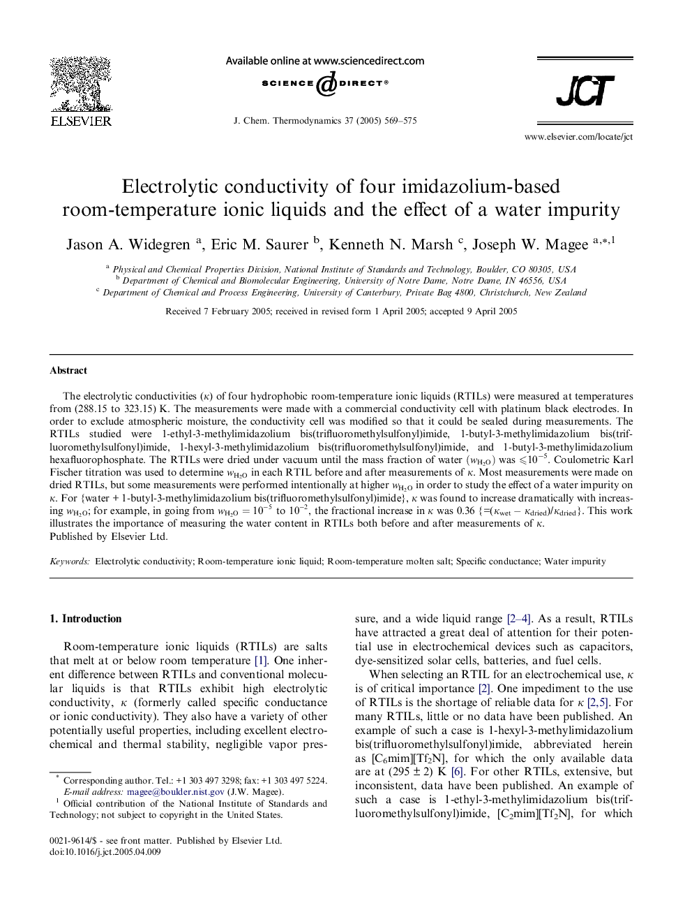 Electrolytic conductivity of four imidazolium-based room-temperature ionic liquids and the effect of a water impurity