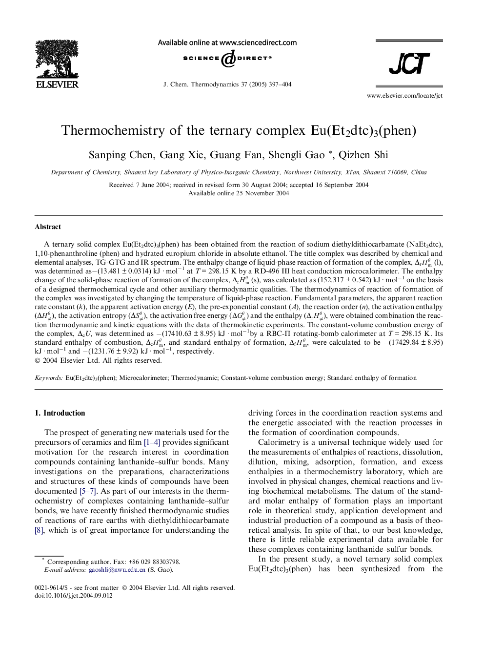 Thermochemistry of the ternary complex Eu(Et2dtc)3(phen)