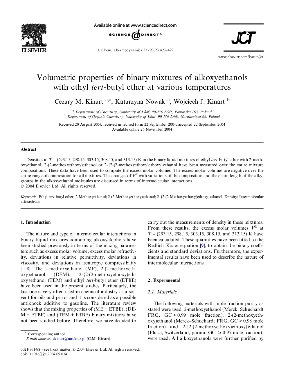 Volumetric properties of binary mixtures of alkoxyethanols with ethyl tert-butyl ether at various temperatures
