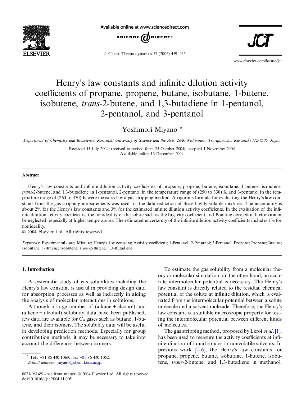 Henry's law constants and infinite dilution activity coefficients of propane, propene, butane, isobutane, 1-butene, isobutene, trans-2-butene, and 1,3-butadiene in 1-pentanol, 2-pentanol, and 3-pentanol