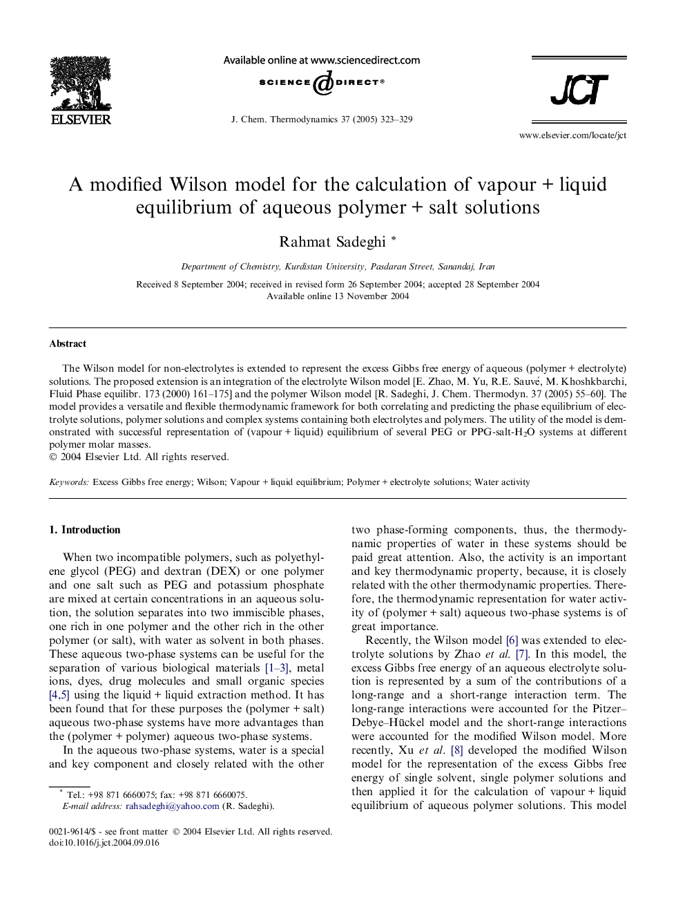 A modified Wilson model for the calculation of vapourÂ +Â liquid equilibrium of aqueous polymerÂ +Â salt solutions