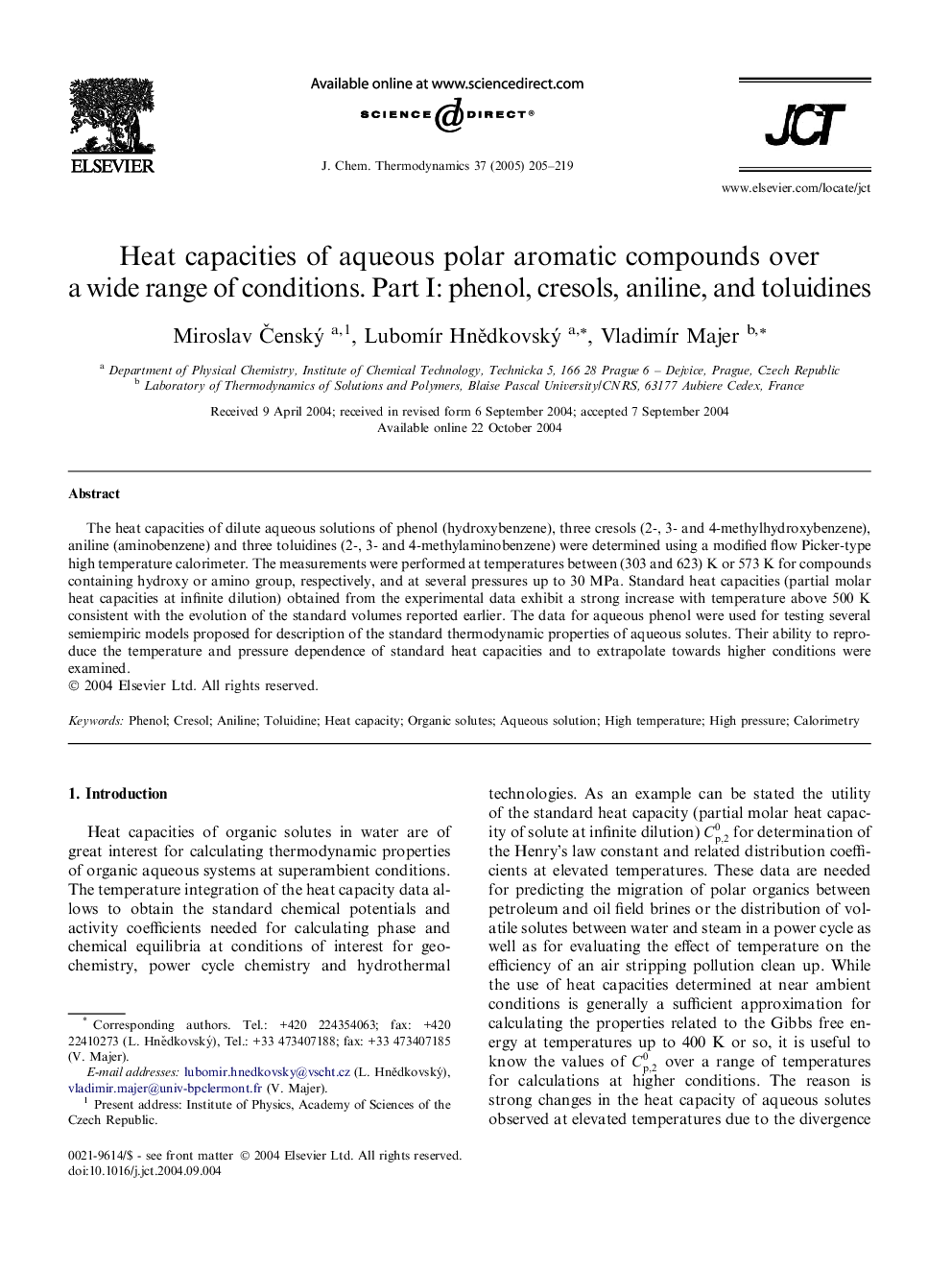 Heat capacities of aqueous polar aromatic compounds over a wide range of conditions. Part I: phenol, cresols, aniline, and toluidines