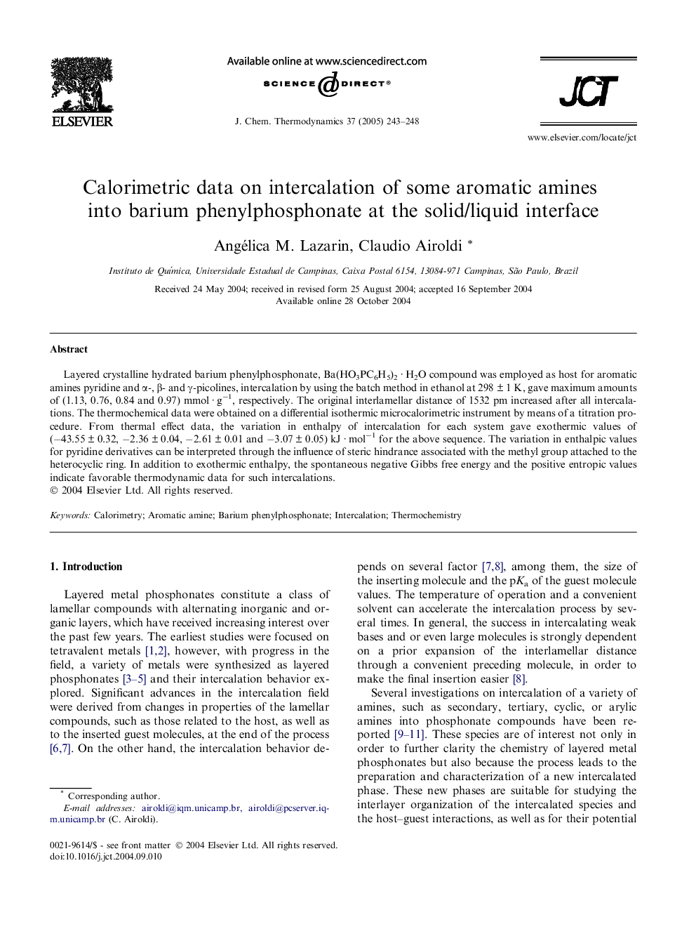 عکس صفحه اول مقاله: Calorimetric data on intercalation of some aromatic amines into barium phenylphosphonate at the solid/liquid interface Calorimetric data on intercalation of some aromatic amines into barium phenylphosphonate at the solid/liquid interface