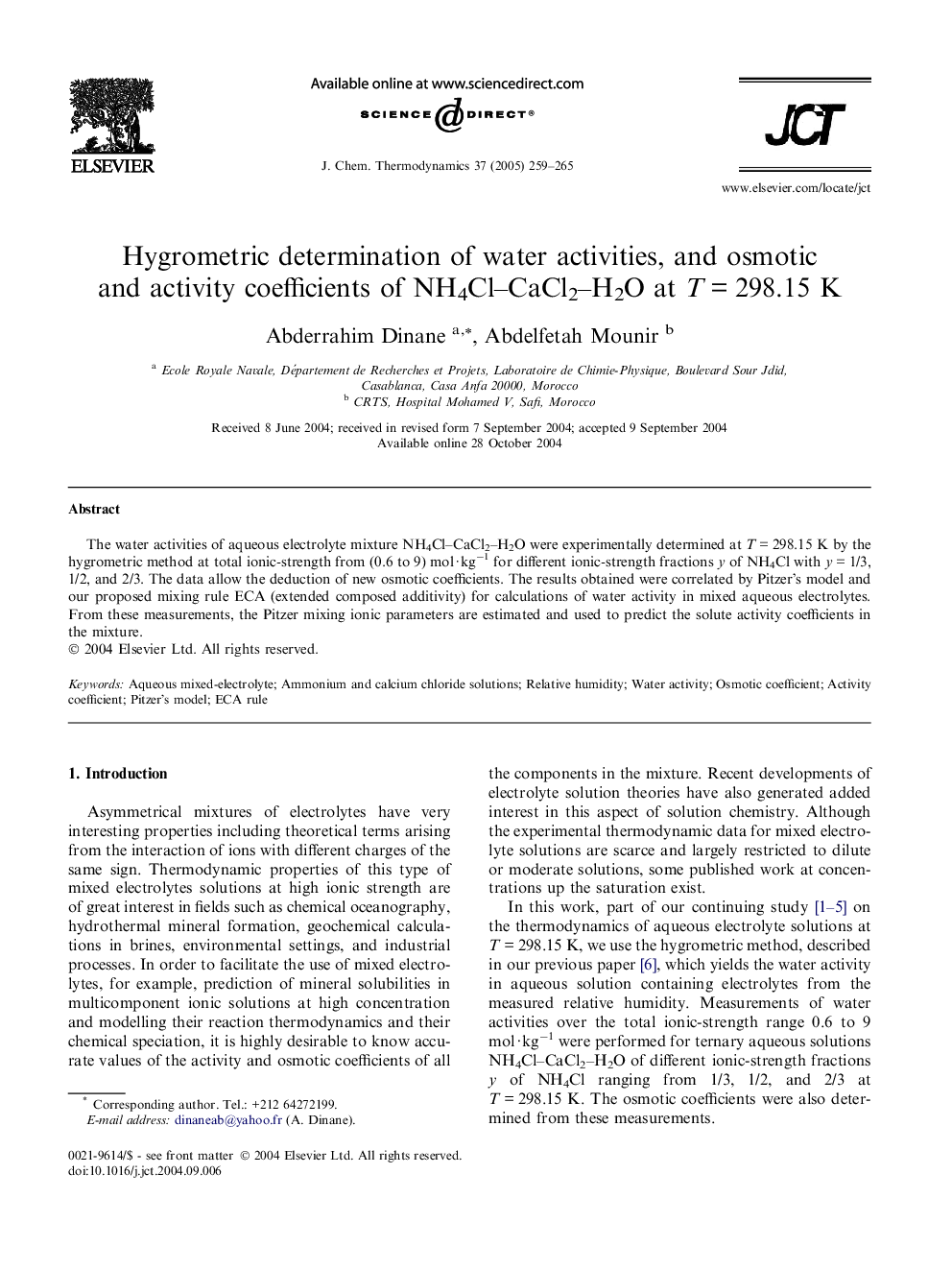 Hygrometric determination of water activities, and osmotic and activity coefficients of NH4Cl-CaCl2-H2O at TÂ =Â 298.15 K