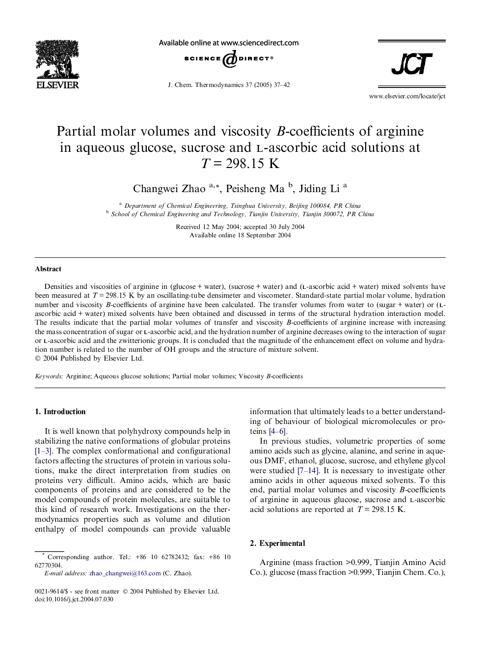 Partial molar volumes and viscosity B-coefficients of arginine in aqueous glucose, sucrose and l-ascorbic acid solutions at TÂ =Â 298.15 K