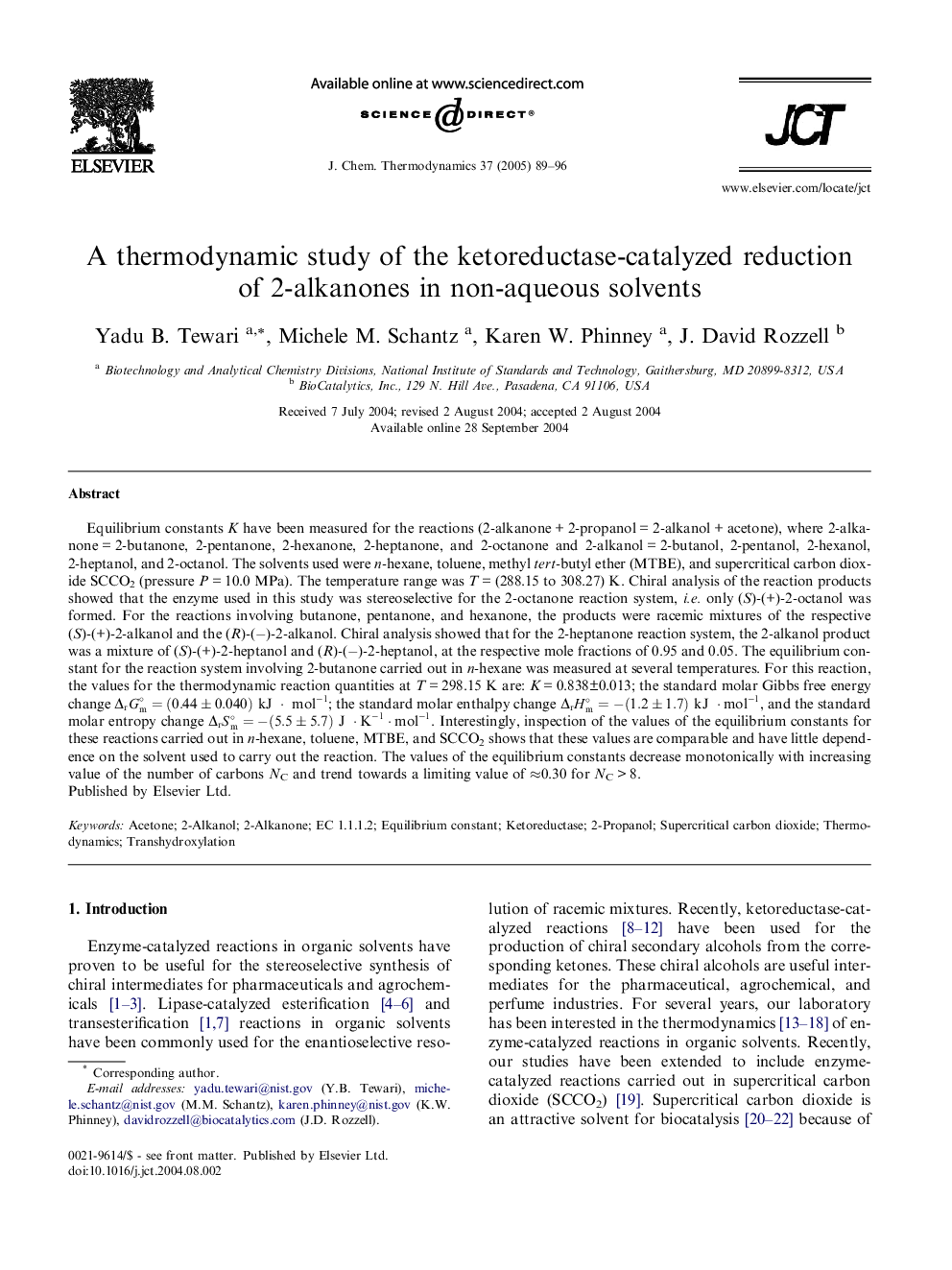 A thermodynamic study of the ketoreductase-catalyzed reduction of 2-alkanones in non-aqueous solvents