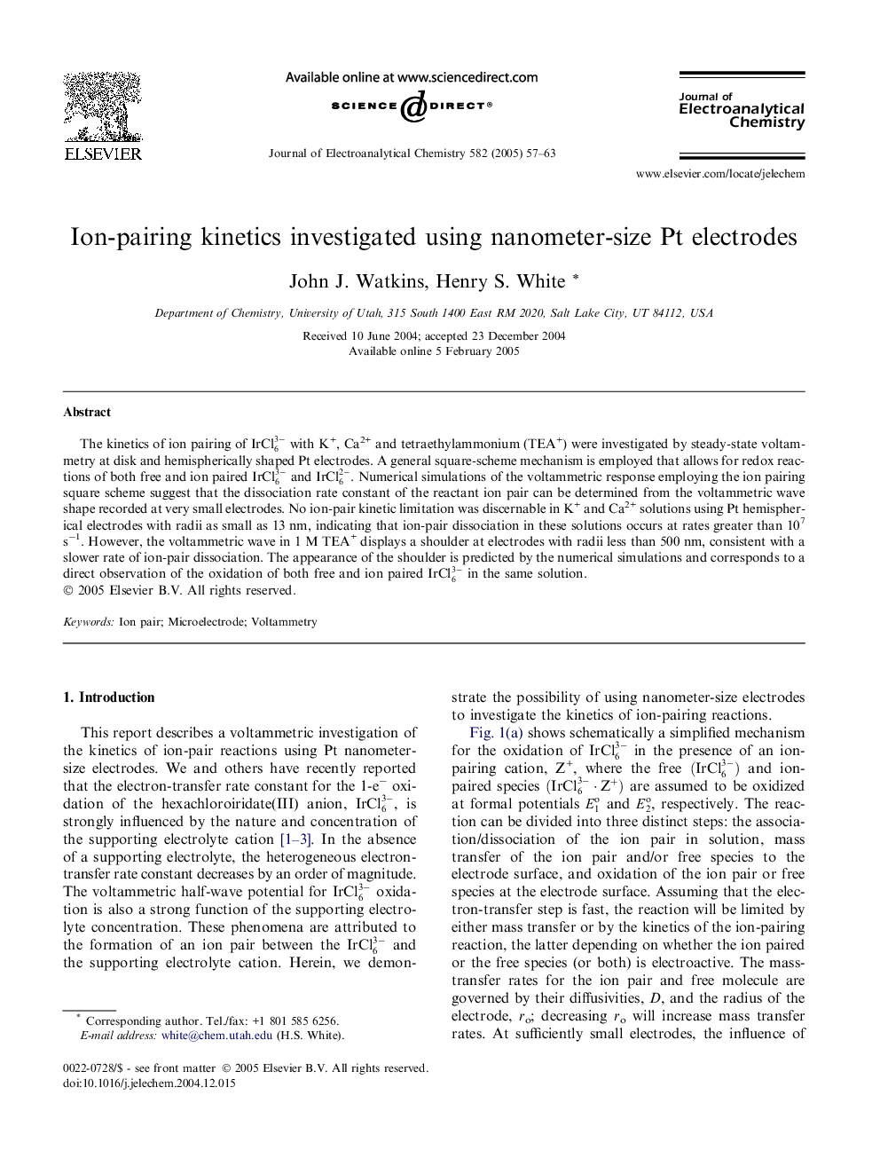 Ion-pairing kinetics investigated using nanometer-size Pt electrodes