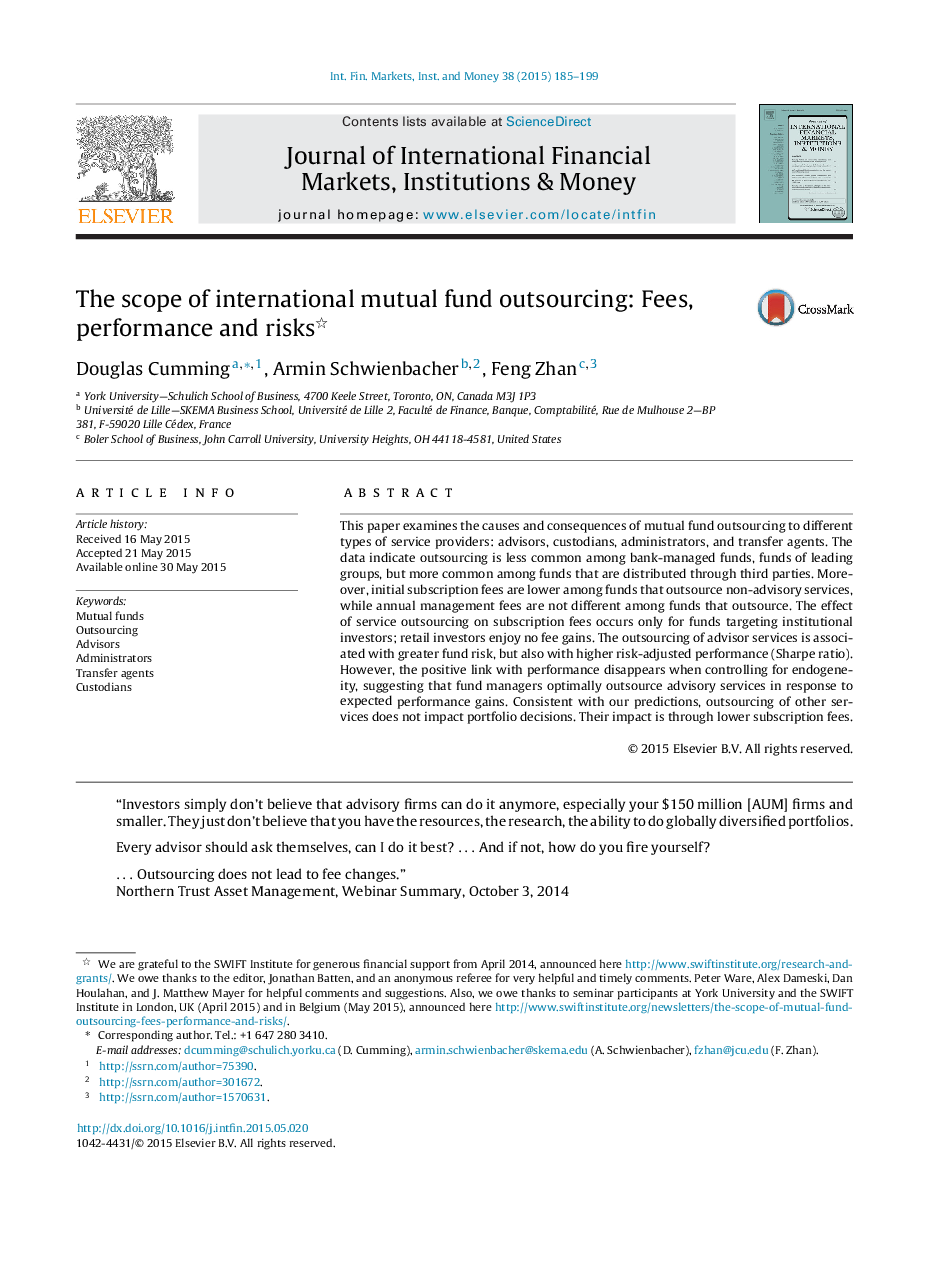 The scope of international mutual fund outsourcing: Fees, performance and risks