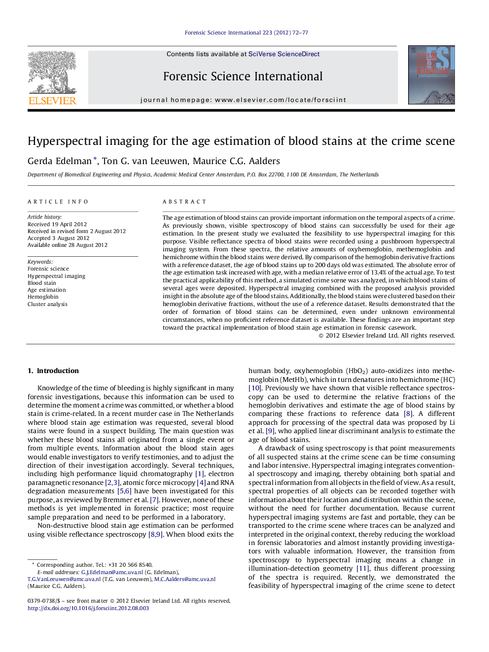 Hyperspectral imaging for the age estimation of blood stains at the crime scene