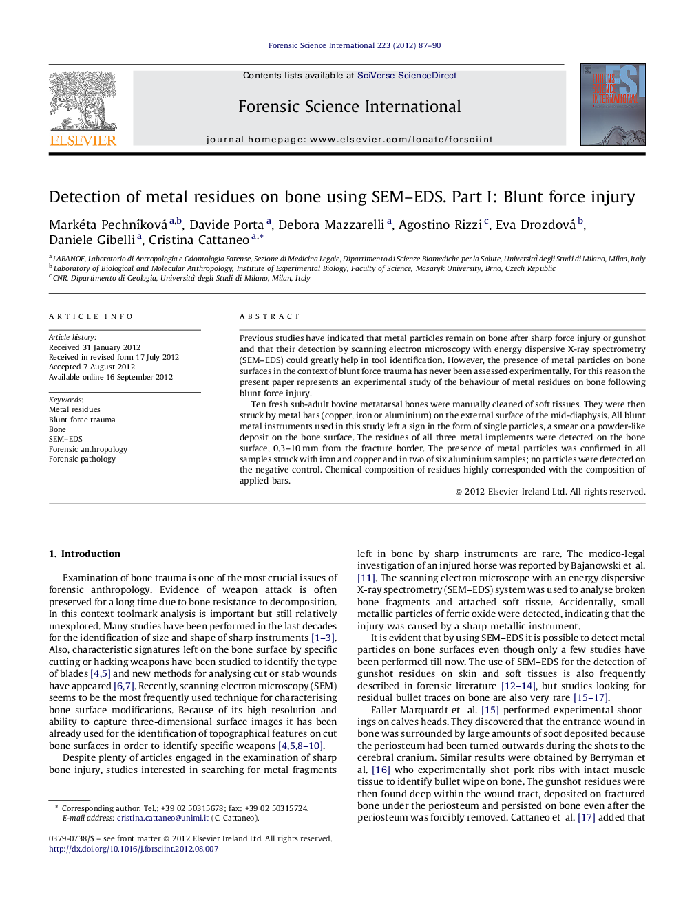 Detection of metal residues on bone using SEM–EDS. Part I: Blunt force injury