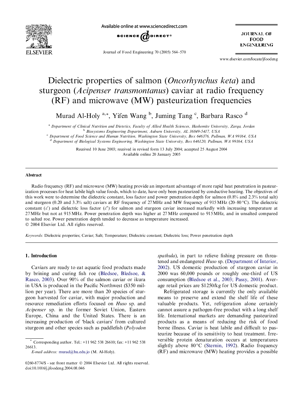 Dielectric properties of salmon (Oncorhynchus keta) and sturgeon (Acipenser transmontanus) caviar at radio frequency (RF) and microwave (MW) pasteurization frequencies