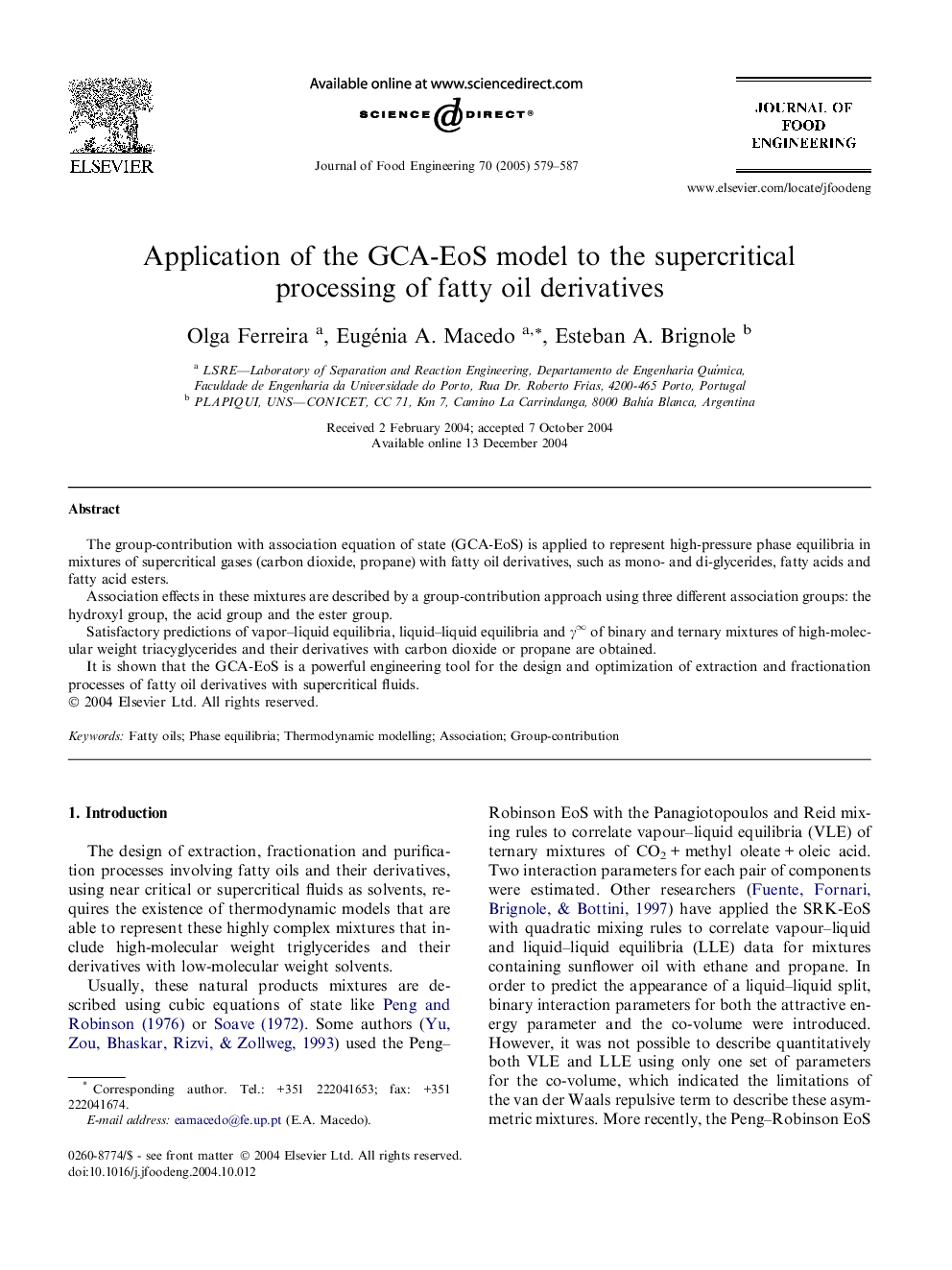 Application of the GCA-EoS model to the supercritical processing of fatty oil derivatives