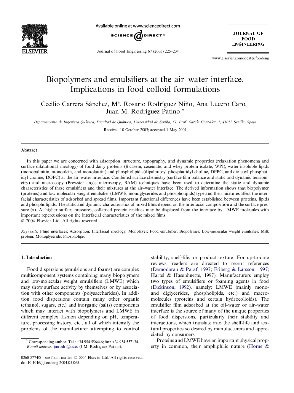 Biopolymers and emulsifiers at the air-water interface. Implications in food colloid formulations