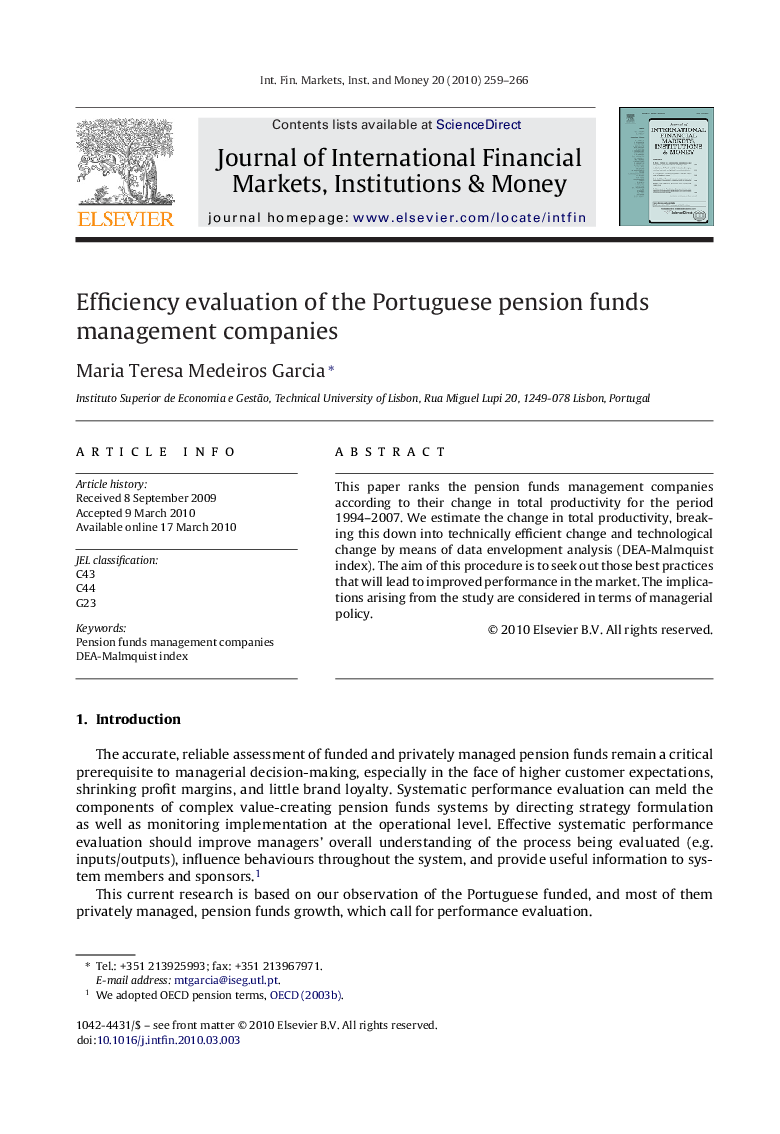 Efficiency evaluation of the Portuguese pension funds management companies