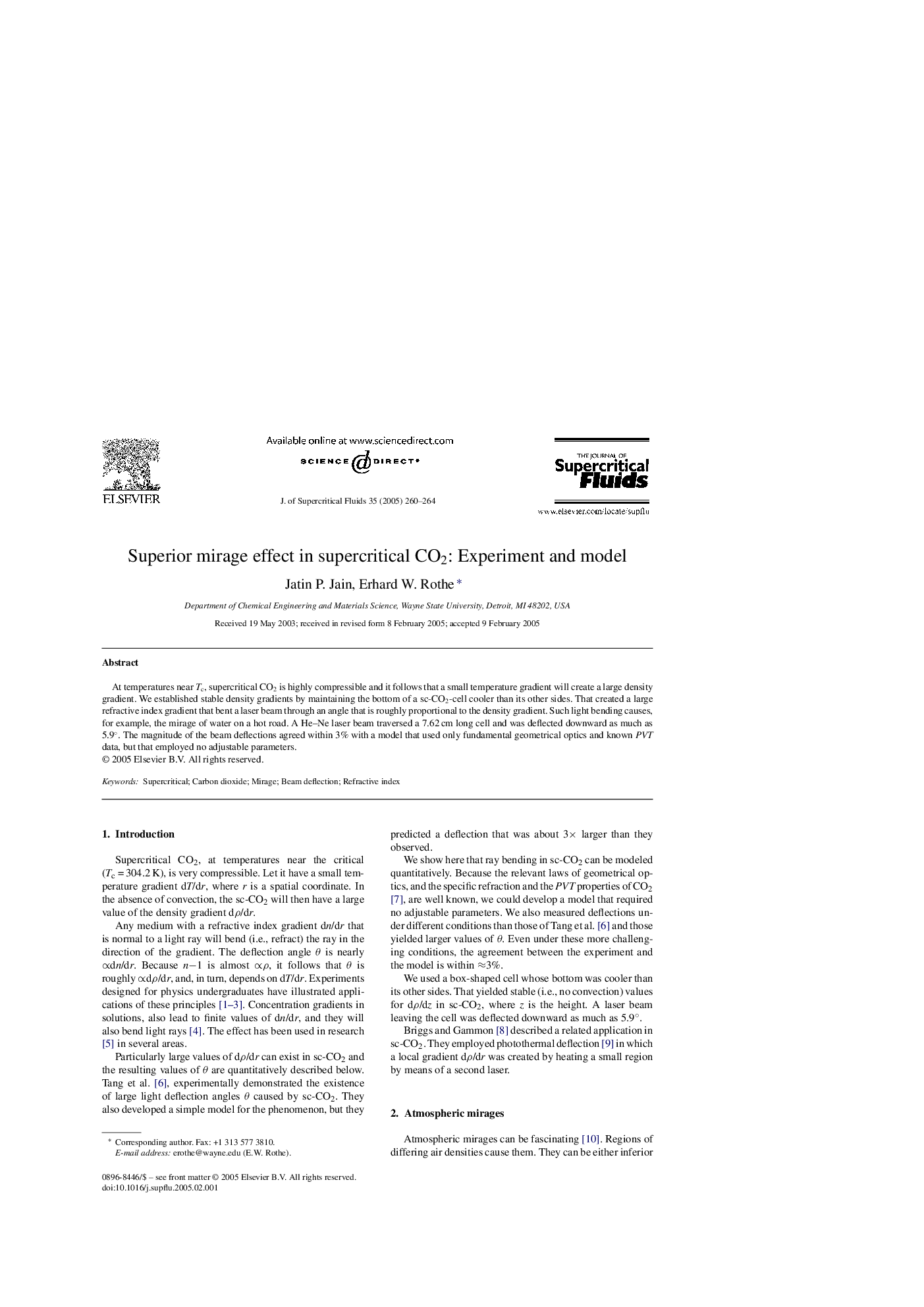 Superior mirage effect in supercritical CO2: Experiment and model