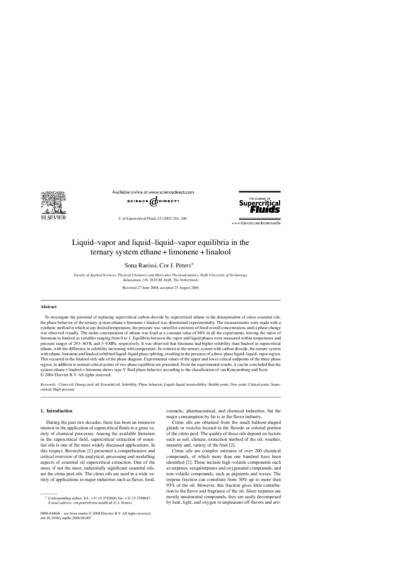 Liquid-vapor and liquid-liquid-vapor equilibria in the ternary system ethaneÂ +Â limoneneÂ +Â linalool