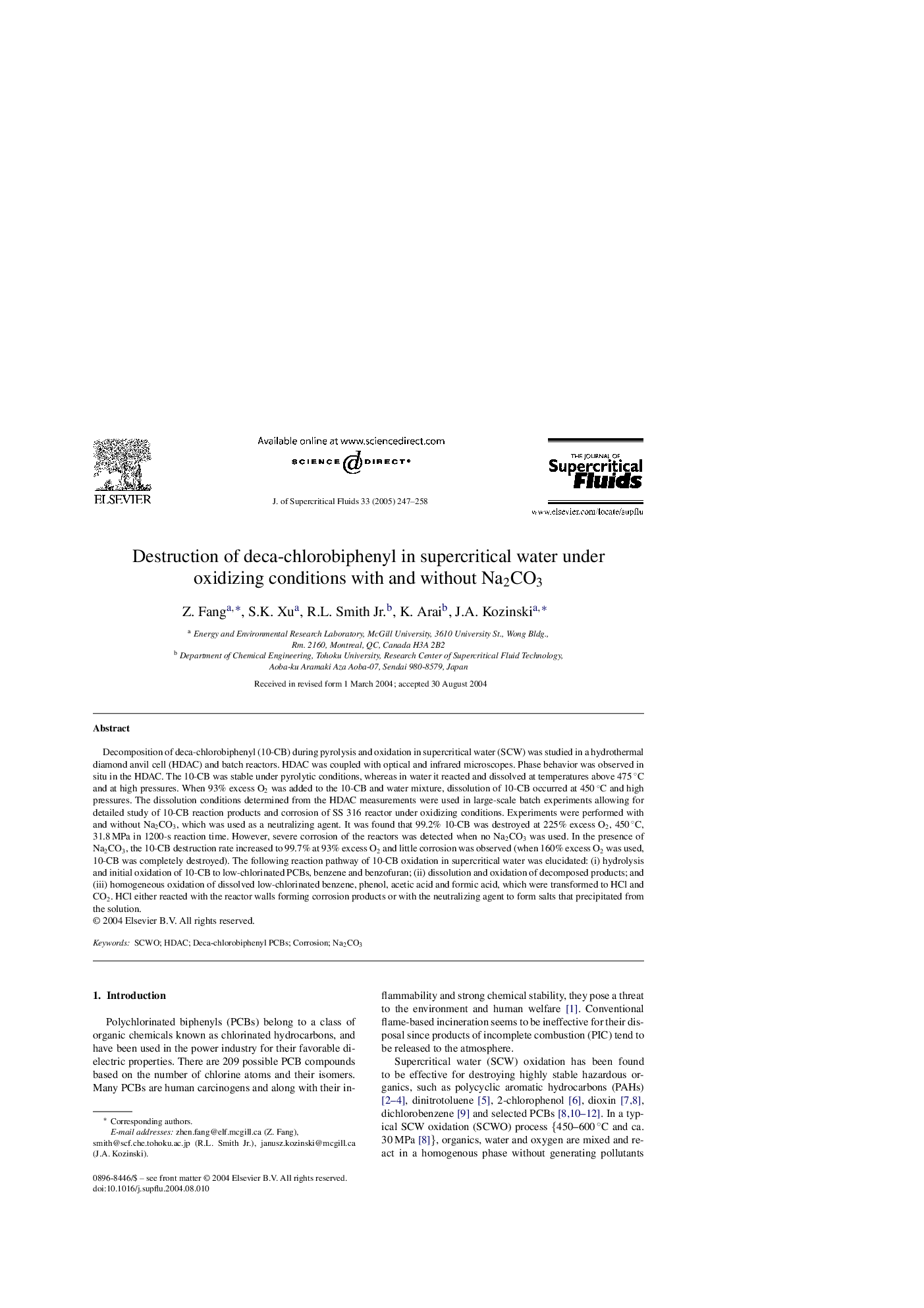 Destruction of deca-chlorobiphenyl in supercritical water under oxidizing conditions with and without Na2CO3