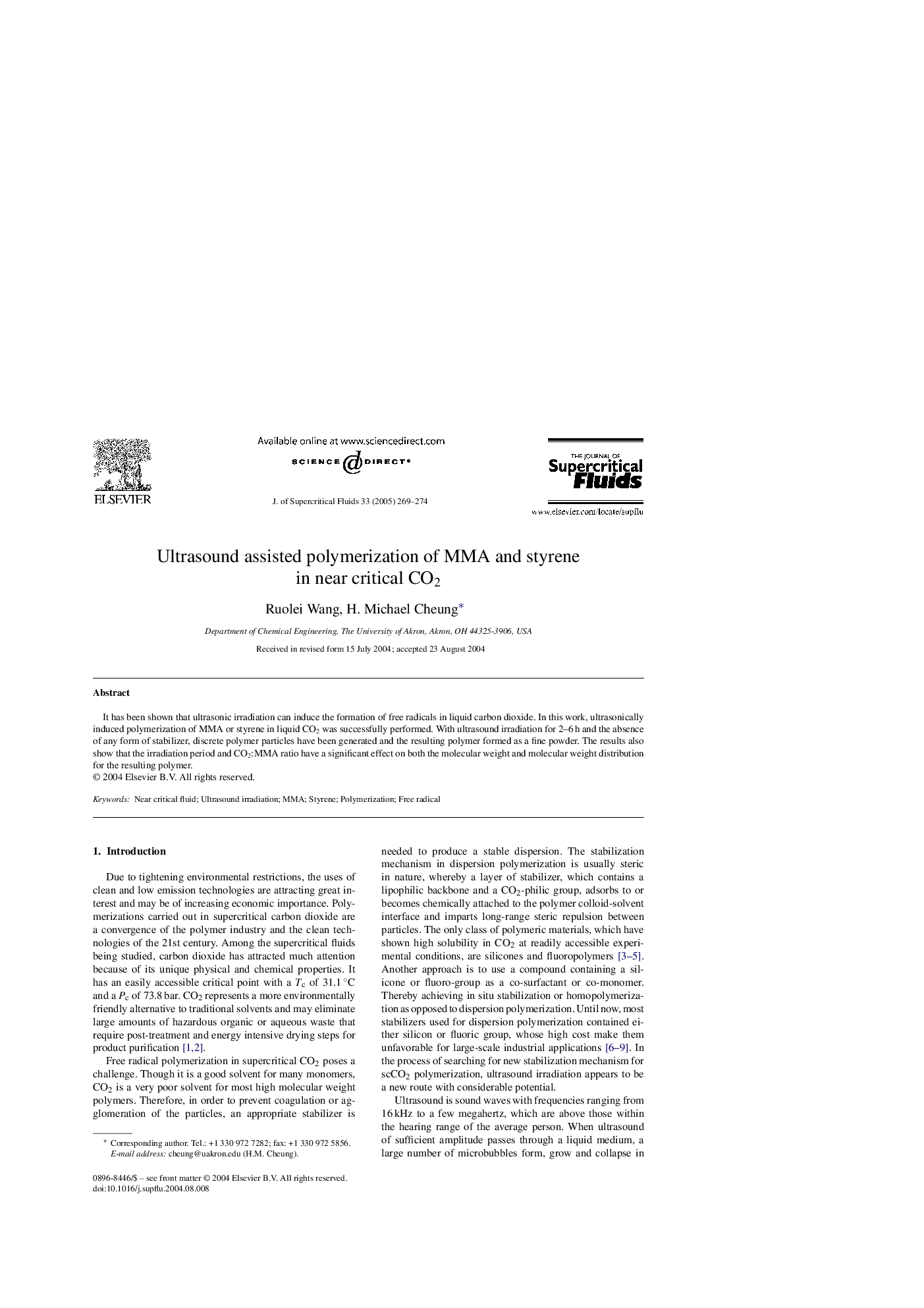 Ultrasound assisted polymerization of MMA and styrene in near critical CO2