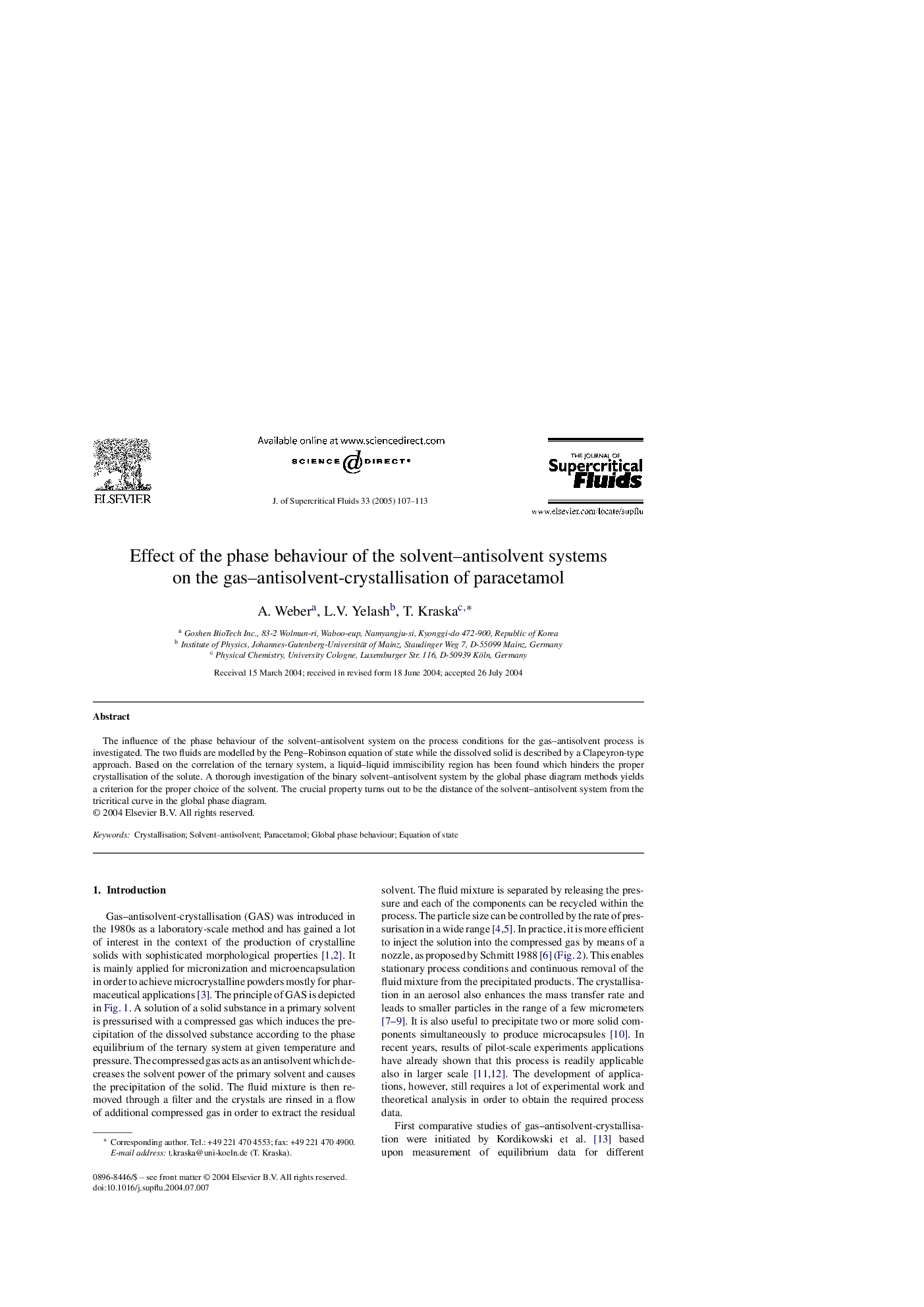 Effect of the phase behaviour of the solvent-antisolvent systems on the gas-antisolvent-crystallisation of paracetamol