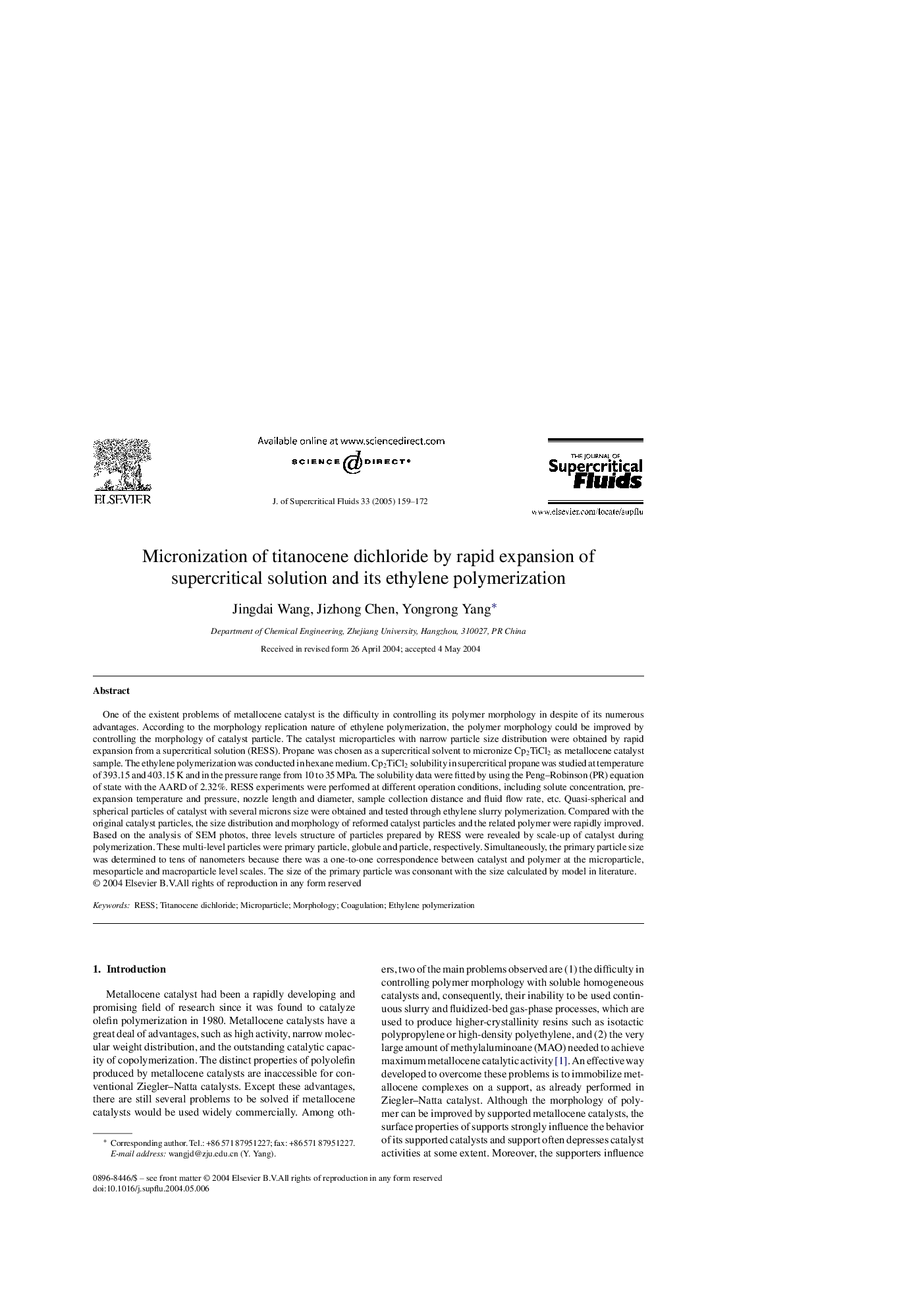 Micronization of titanocene dichloride by rapid expansion of supercritical solution and its ethylene polymerization