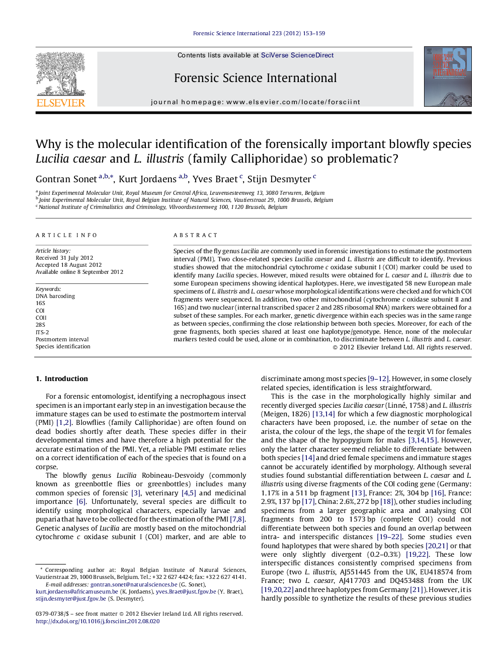 Why is the molecular identification of the forensically important blowfly species Lucilia caesar and L. illustris (family Calliphoridae) so problematic?