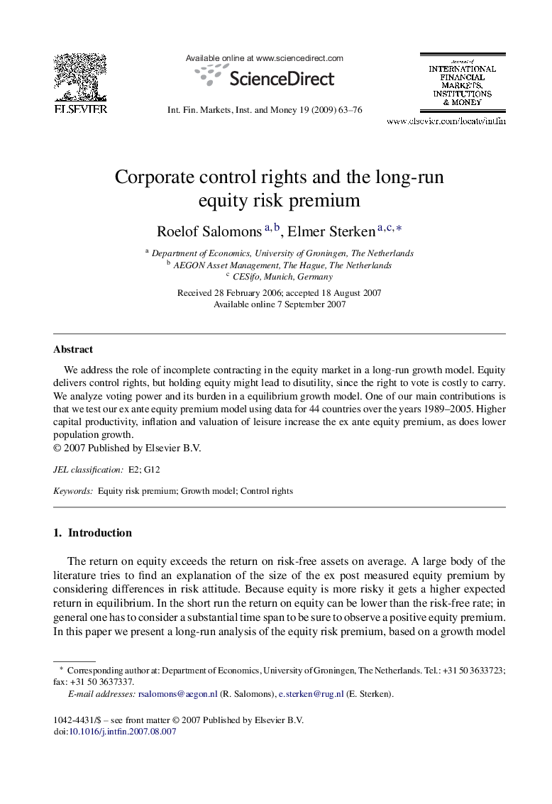 Corporate control rights and the long-run equity risk premium