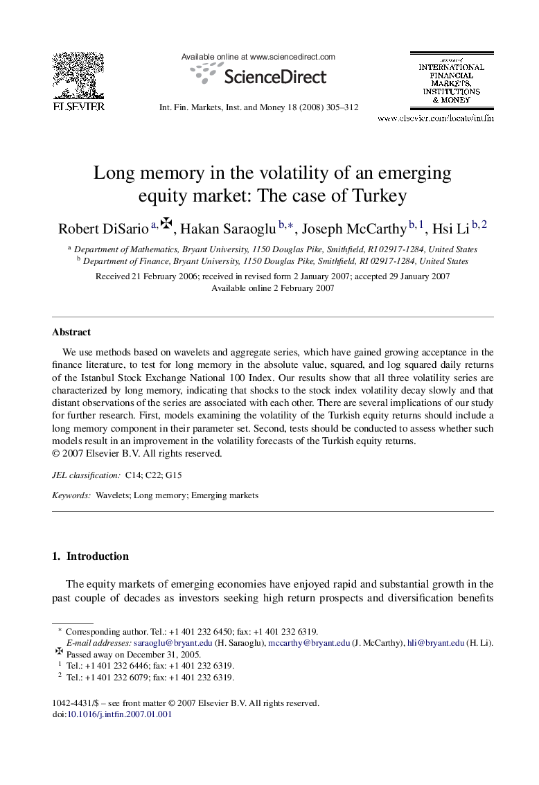 Long memory in the volatility of an emerging equity market: The case of Turkey