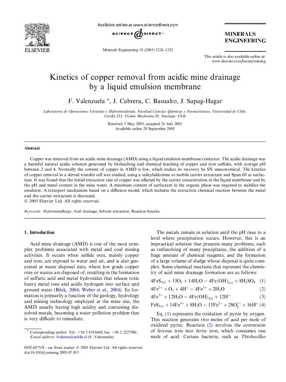 Kinetics of copper removal from acidic mine drainage by a liquid emulsion membrane