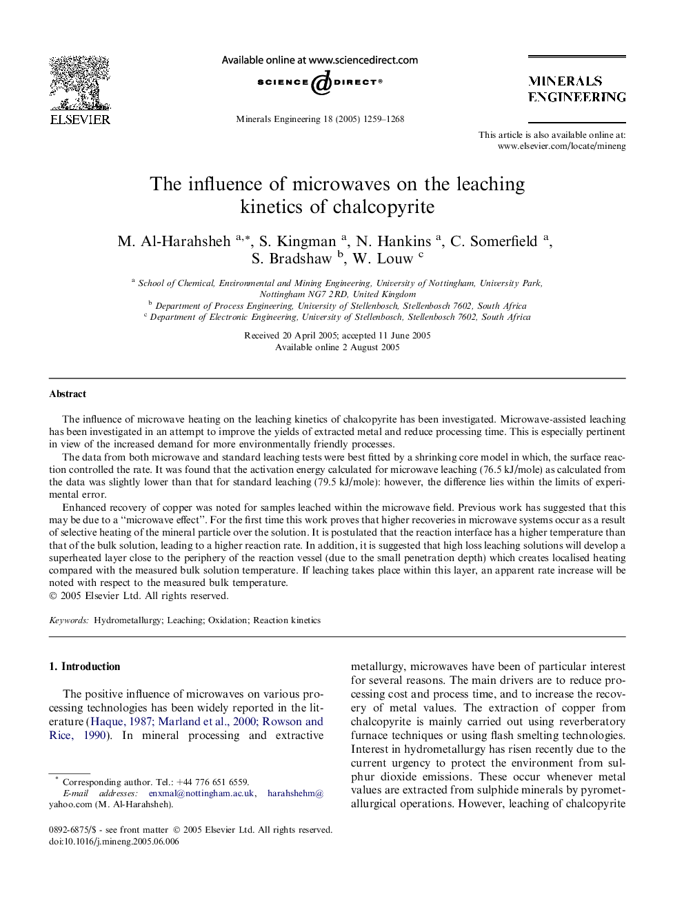 The influence of microwaves on the leaching kinetics of chalcopyrite