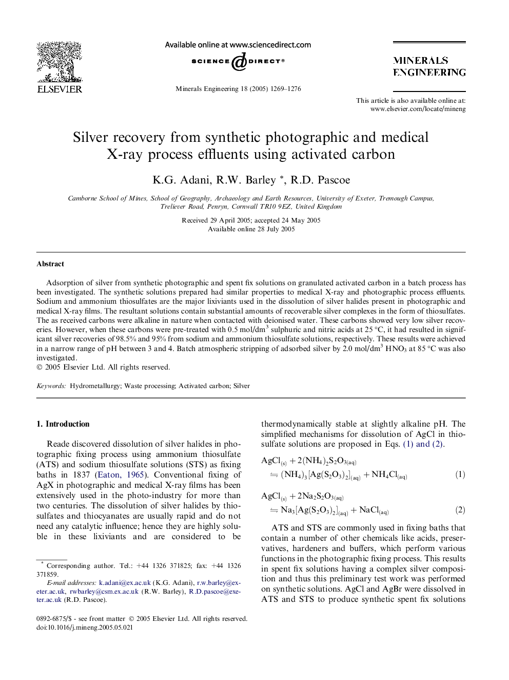 Silver recovery from synthetic photographic and medical X-ray process effluents using activated carbon