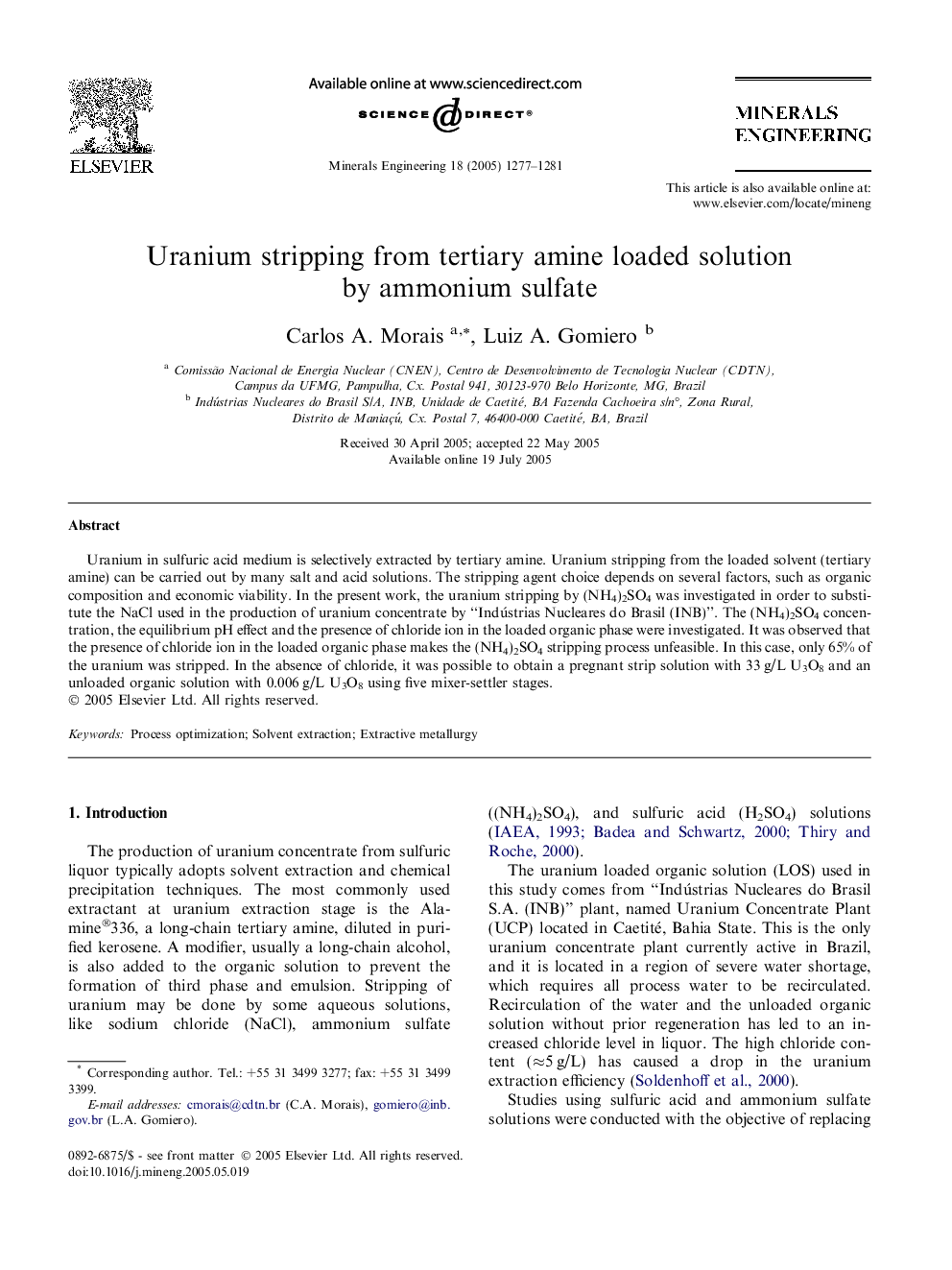 Uranium stripping from tertiary amine loaded solution by ammonium sulfate