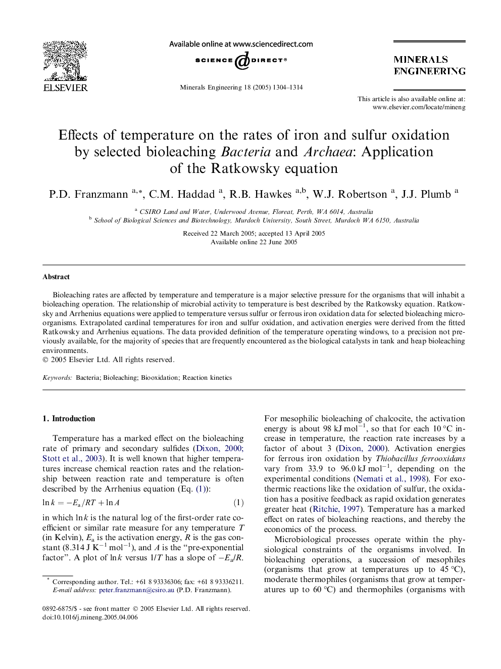 Effects of temperature on the rates of iron and sulfur oxidation by selected bioleaching Bacteria and Archaea: Application of the Ratkowsky equation